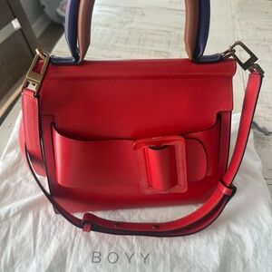 BOYY Red Leather Buckle Satchel with Two-Tone Handles